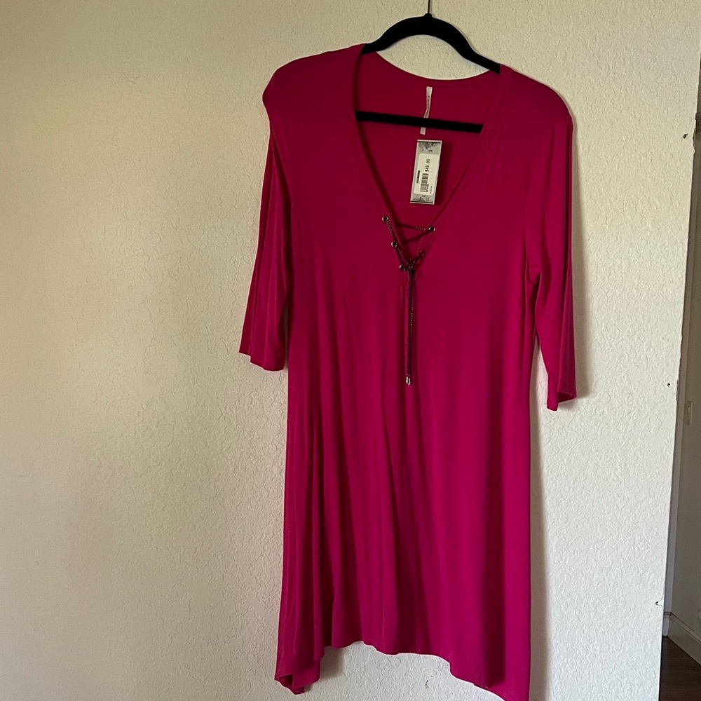 S-Twelve Fuchsia V-Neck Dress with Lace-Up Accent